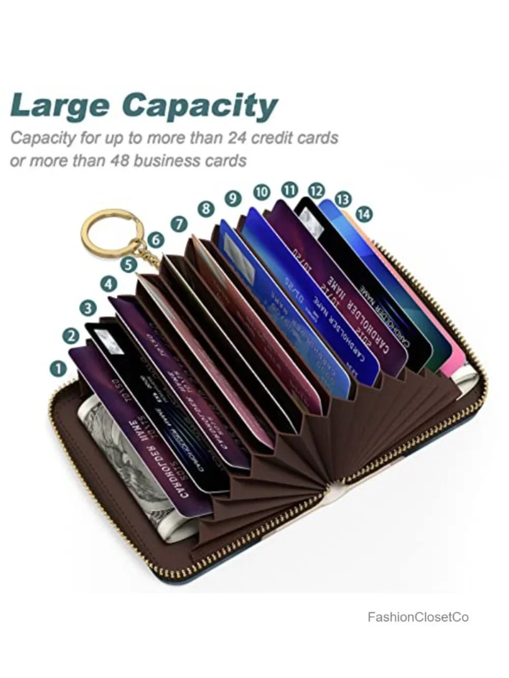 Slim RFID Leather Card Wallet with Zipper & Keychain